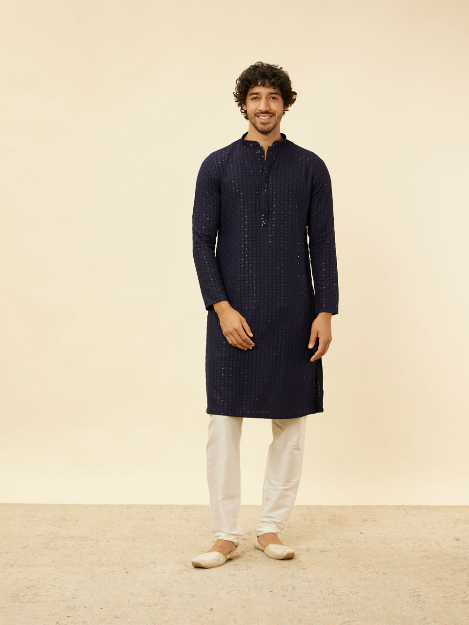 Manyavar Men Navy Blue Chikankari Sequinned Kurta Set