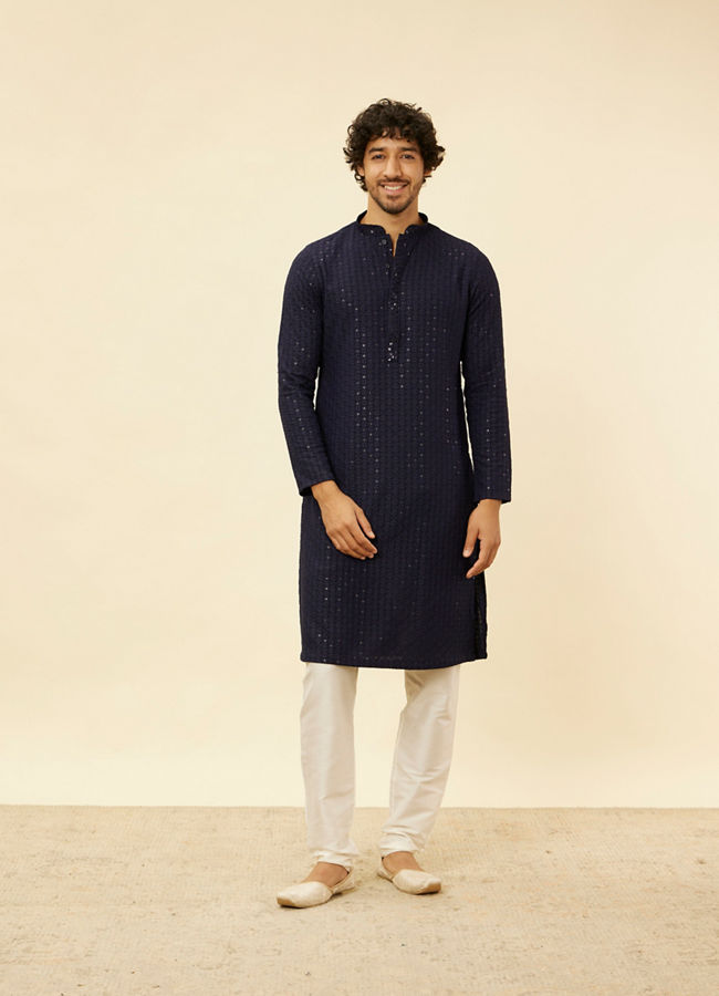 Manyavar Men Navy Blue Chikankari Sequinned Kurta Set