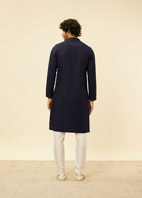 alt message - Manyavar Men Navy Blue Chikankari Sequinned Kurta Set image number 5