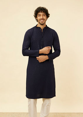 alt message - Manyavar Men Navy Blue Chikankari Sequinned Kurta Set image number 0