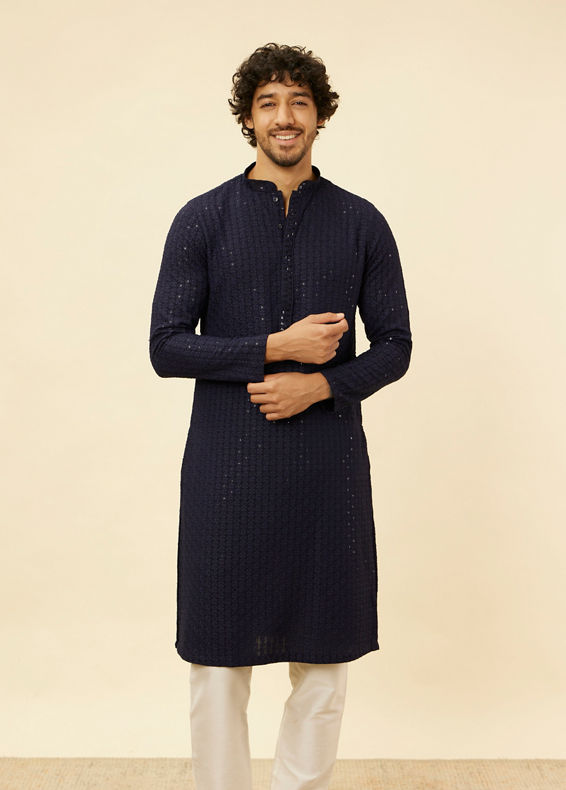 Manyavar Men Navy Blue Chikankari Sequinned Kurta Set