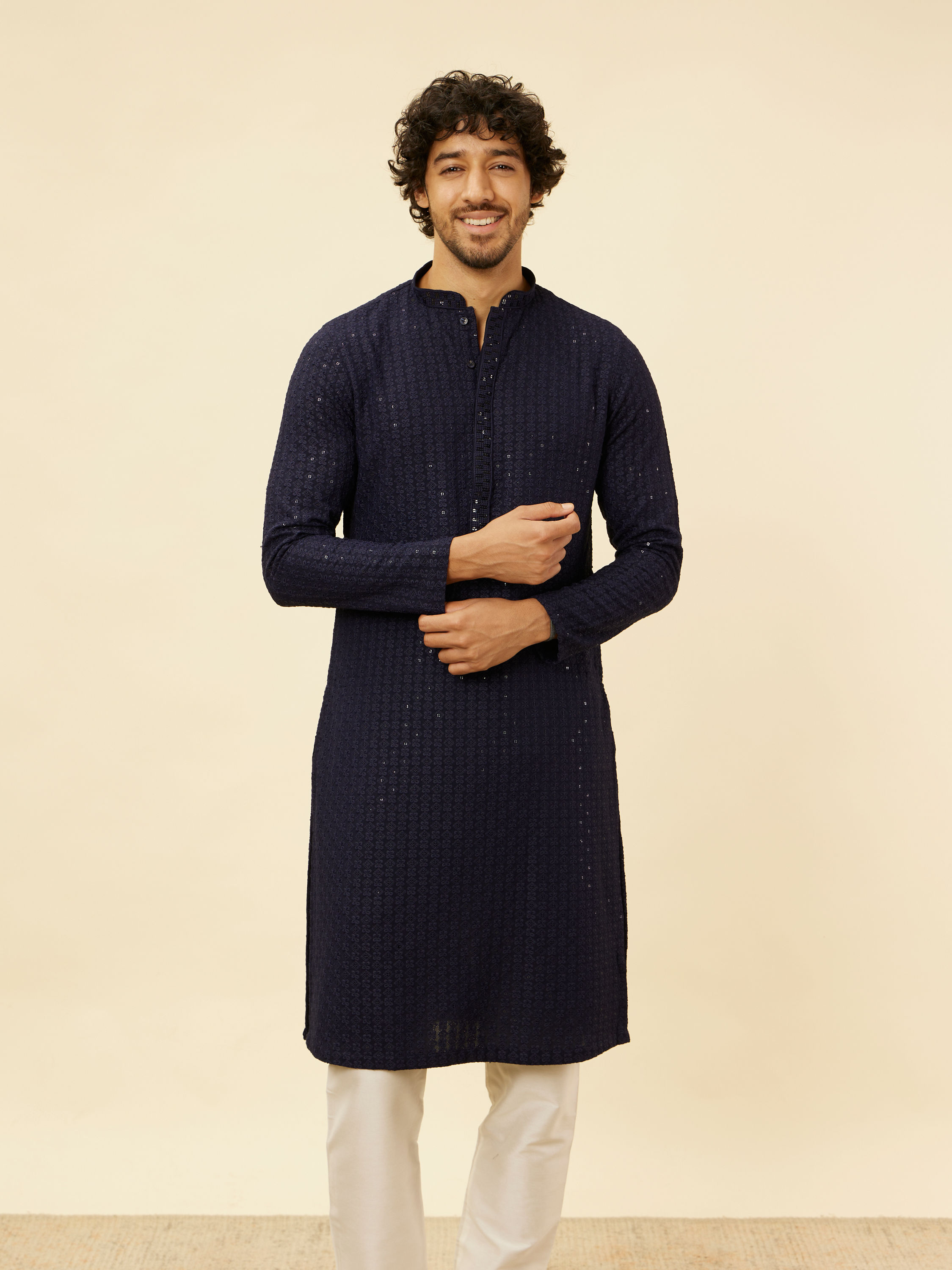 Manyavar Men Navy Blue Chikankari Sequinned Kurta Set