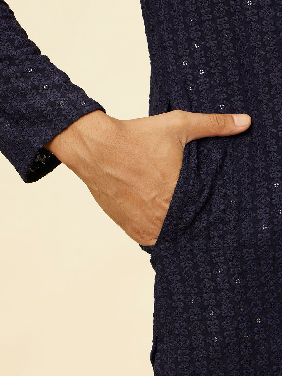 Manyavar Men Navy Blue Chikankari Sequinned Kurta Set