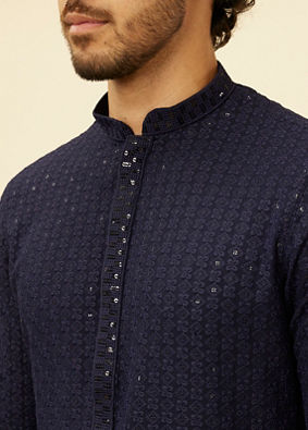 alt message - Manyavar Men Navy Blue Chikankari Sequinned Kurta Set image number 1