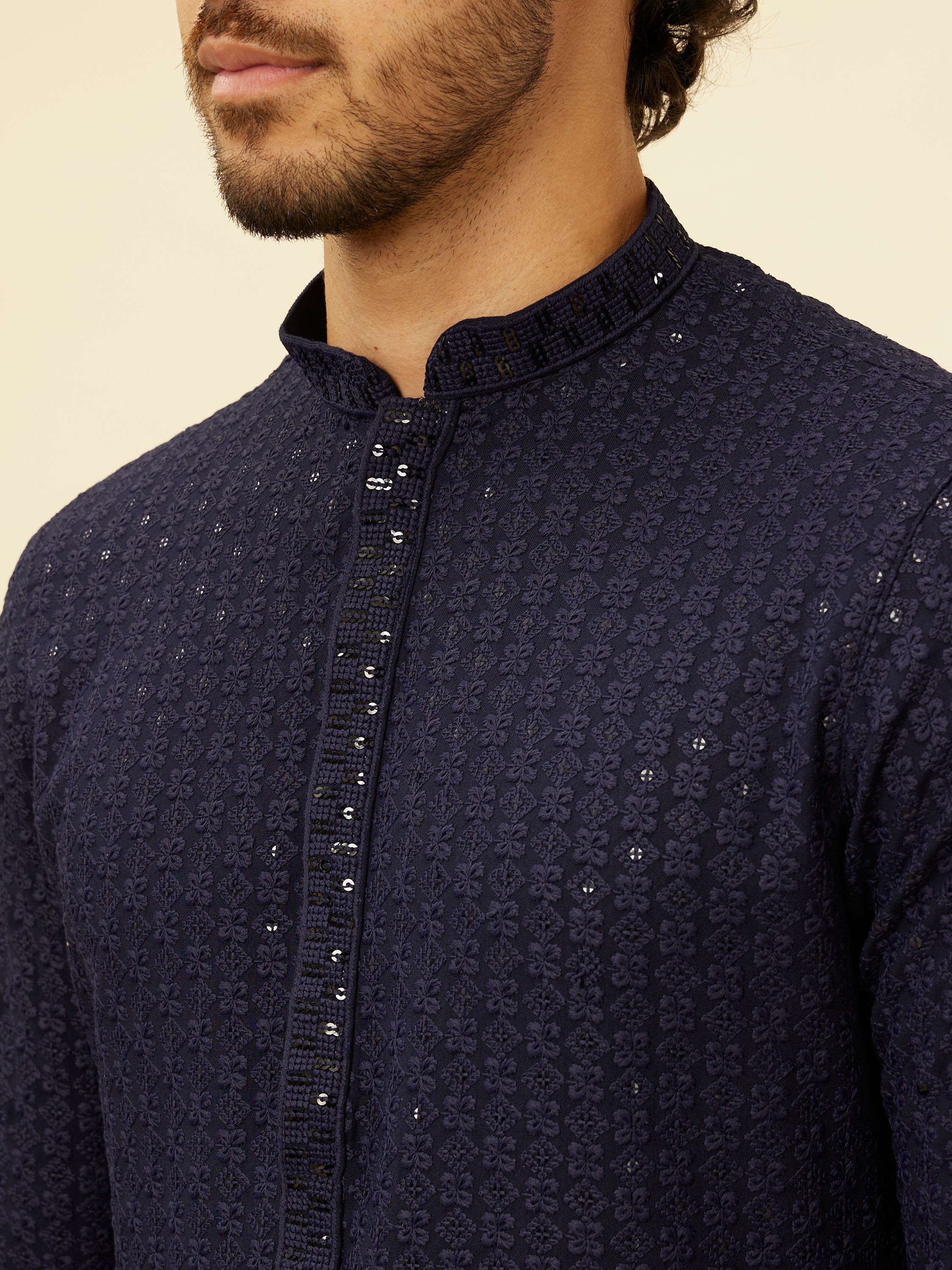 Manyavar Men Navy Blue Chikankari Sequinned Kurta Set