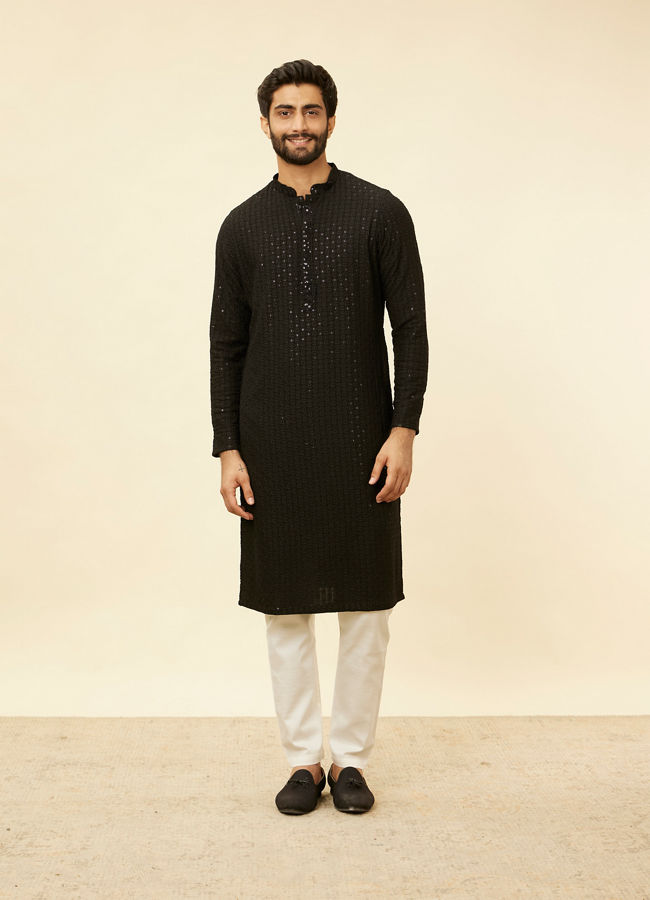 Manyavar Men Charcoal Black Chikankari Sequinned Kurta Set