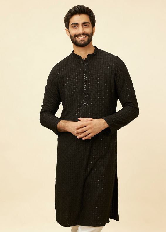 Manyavar Men Charcoal Black Chikankari Sequinned Kurta Set