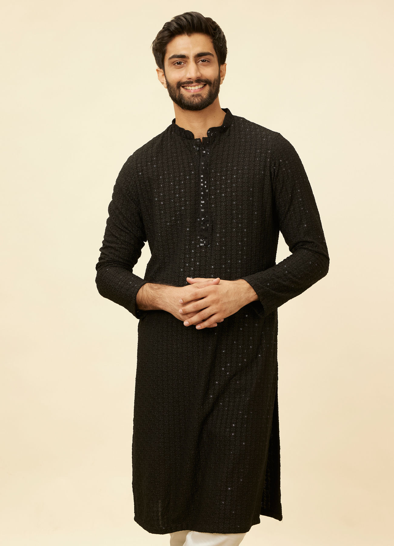 Manyavar Men Charcoal Black Chikankari Sequinned Kurta Set