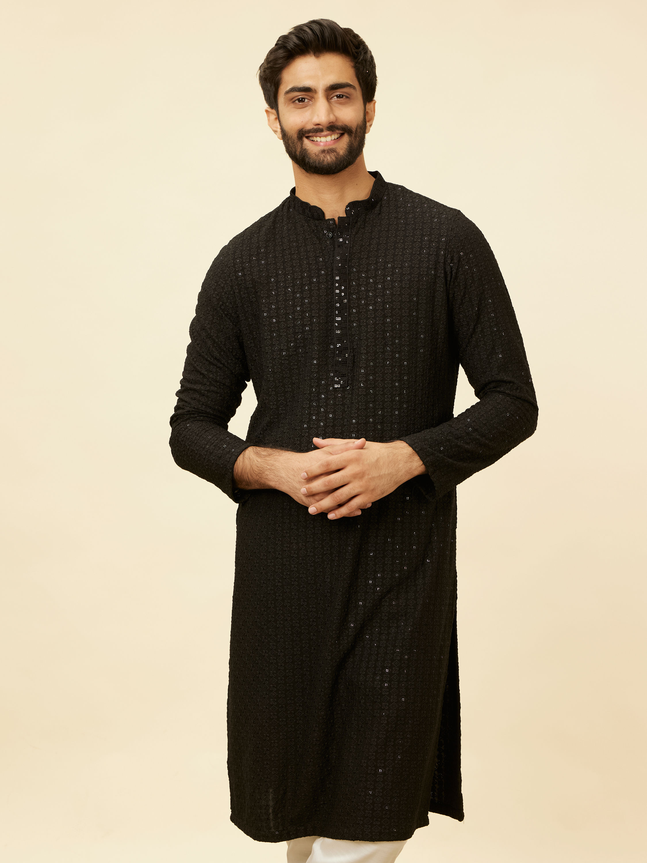 Manyavar Men Charcoal Black Chikankari Sequinned Kurta Set