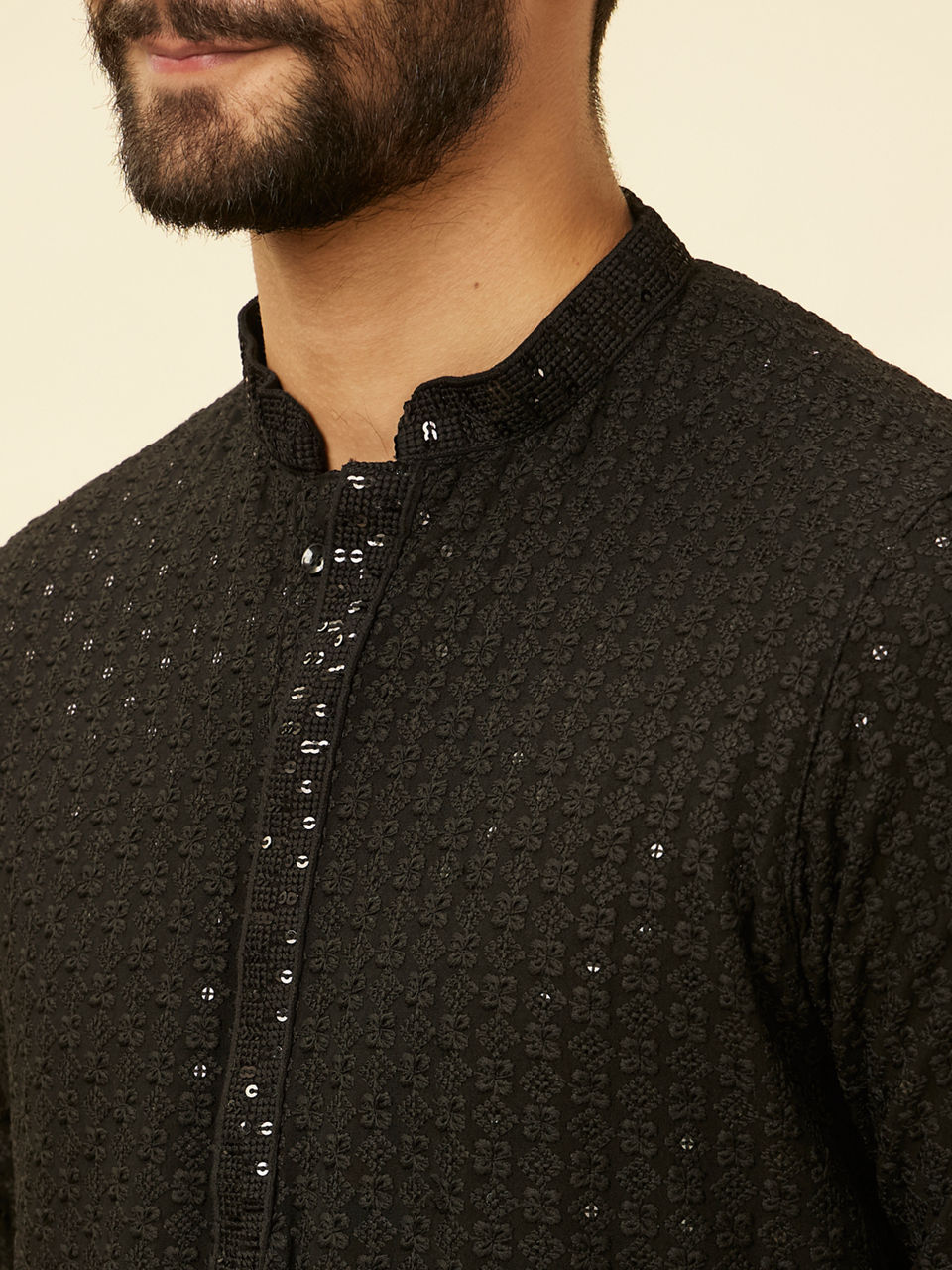 Manyavar Men Charcoal Black Chikankari Sequinned Kurta Set