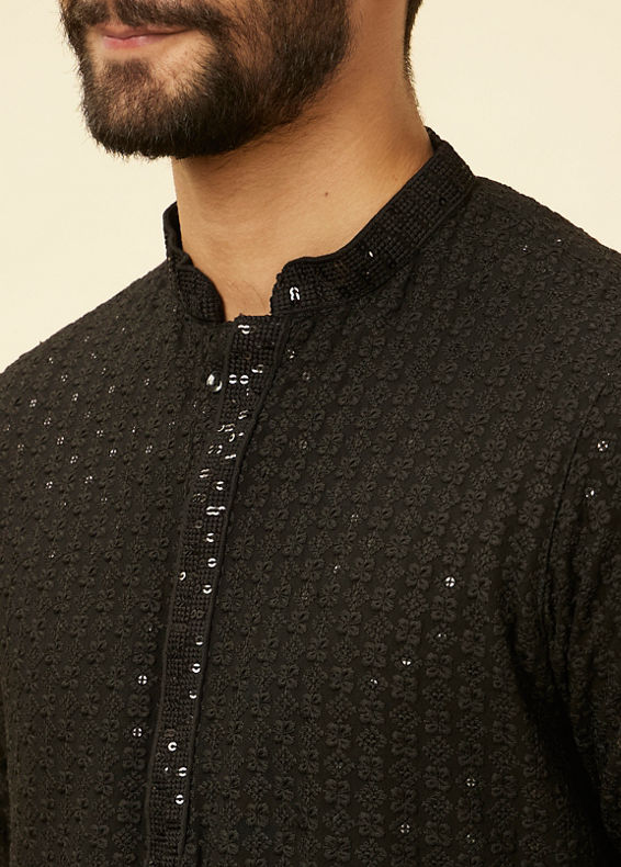 Manyavar Men Charcoal Black Chikankari Sequinned Kurta Set