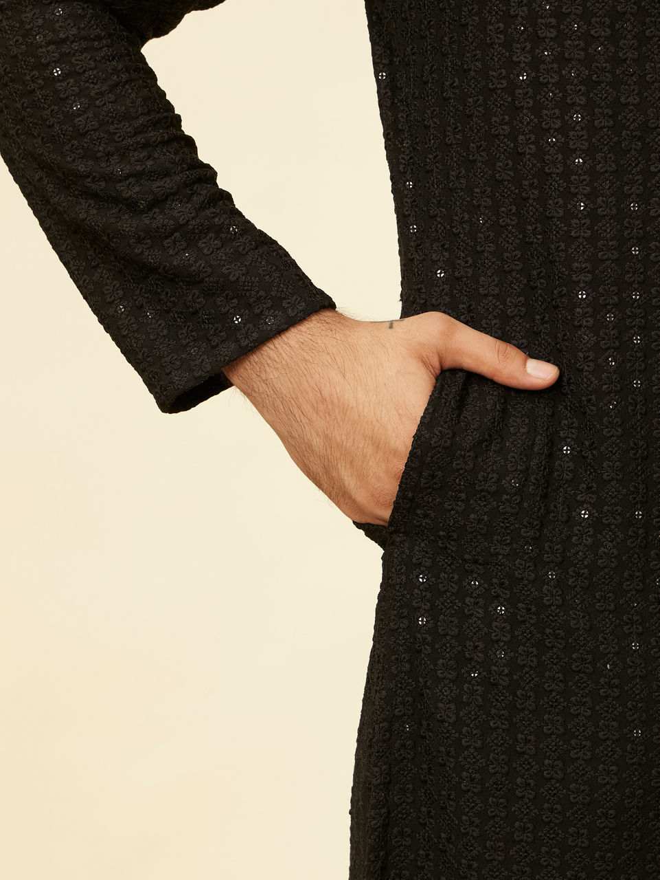 Manyavar Men Charcoal Black Chikankari Sequinned Kurta Set