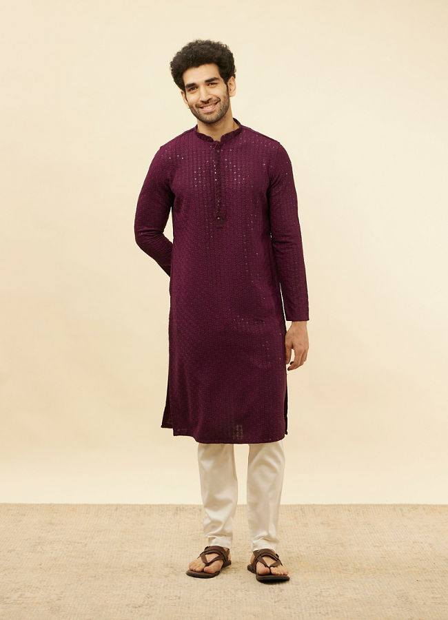 alt message - Manyavar Men Jamun Purple Chikankari Sequinned Kurta Set image number 2