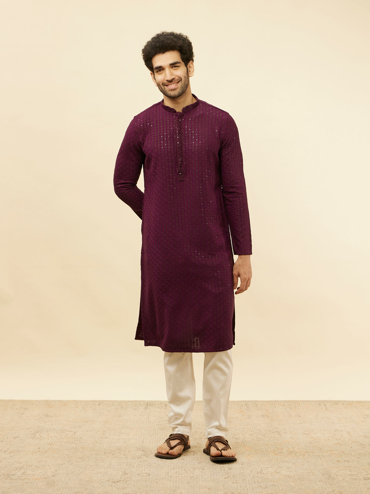 alt message - Manyavar Men Jamun Purple Chikankari Sequinned Kurta Set image number 2