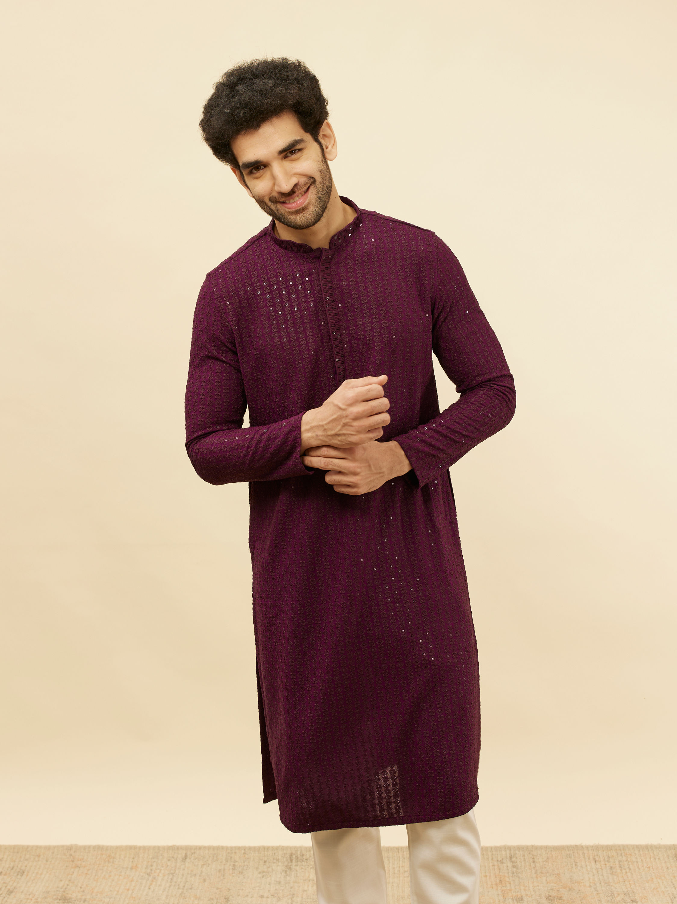 Manyavar Men Jamun Purple Chikankari Sequinned Kurta Set