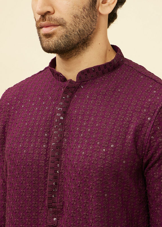 Manyavar Men Jamun Purple Chikankari Sequinned Kurta Set