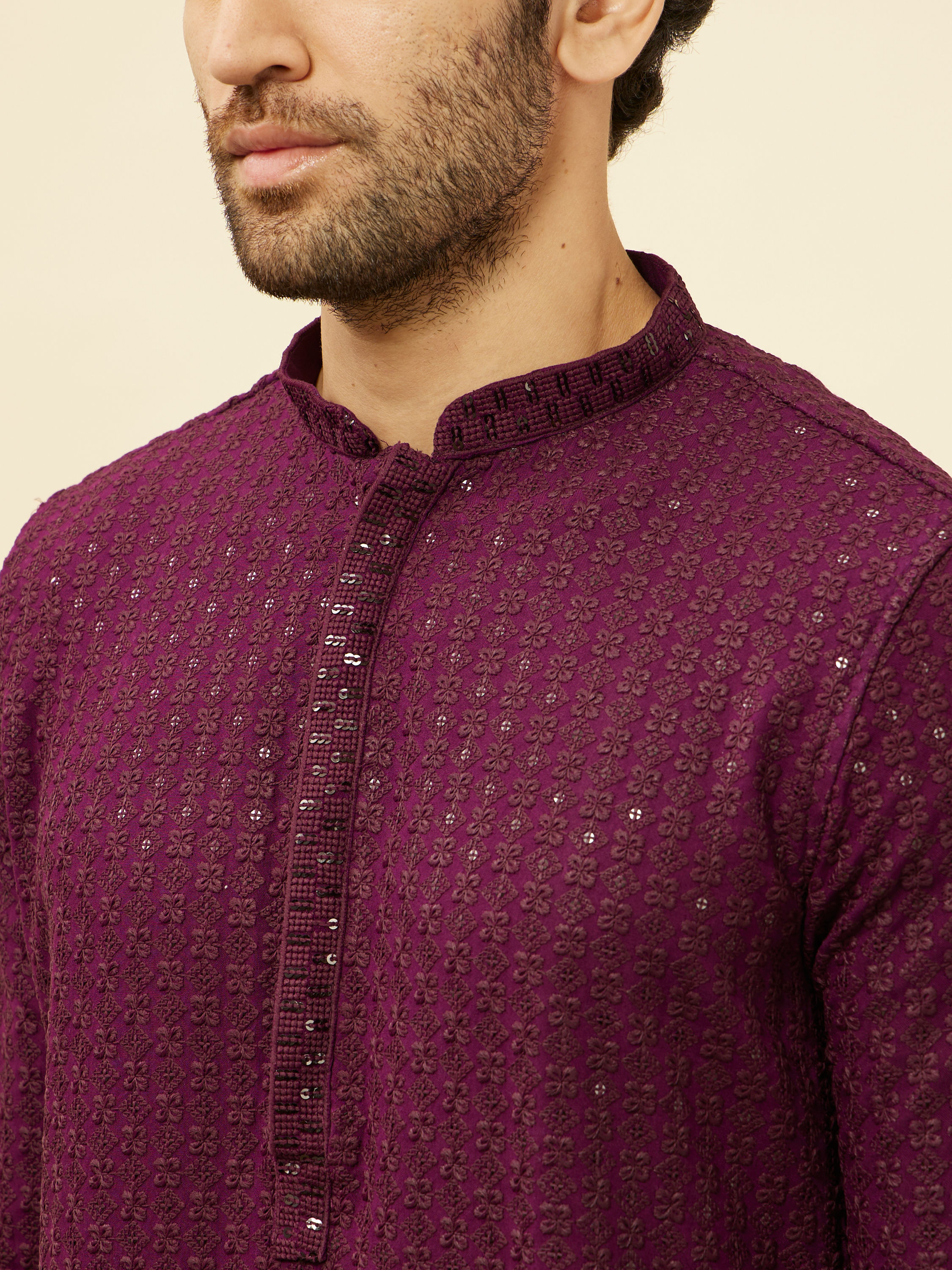 Manyavar Men Jamun Purple Chikankari Sequinned Kurta Set