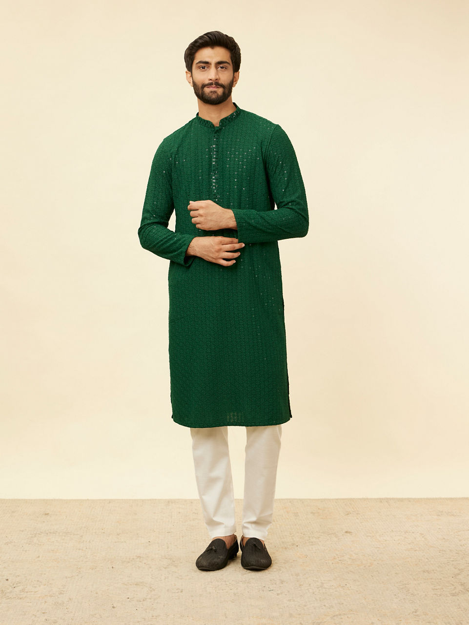 Manyavar Men Hunter Green Chikankari Sequinned Kurta Set