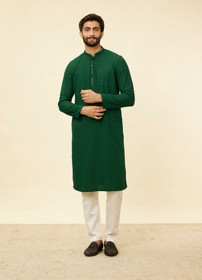 Manyavar Men Hunter Green Chikankari Sequinned Kurta Set