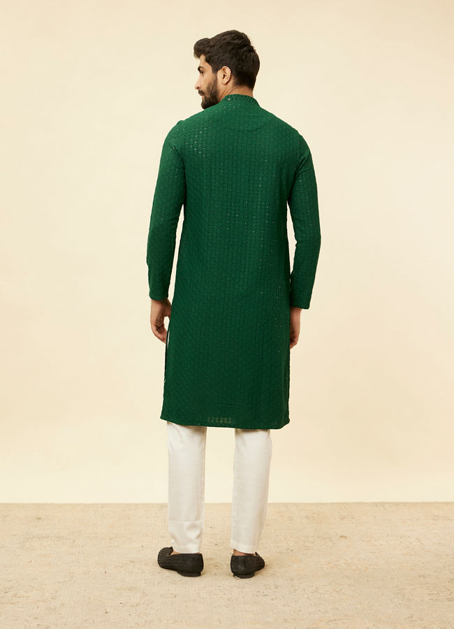 Manyavar Men Hunter Green Chikankari Sequinned Kurta Set
