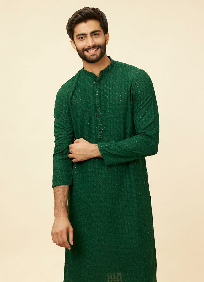 alt message - Manyavar Men Hunter Green Chikankari Sequinned Kurta Set image number 0