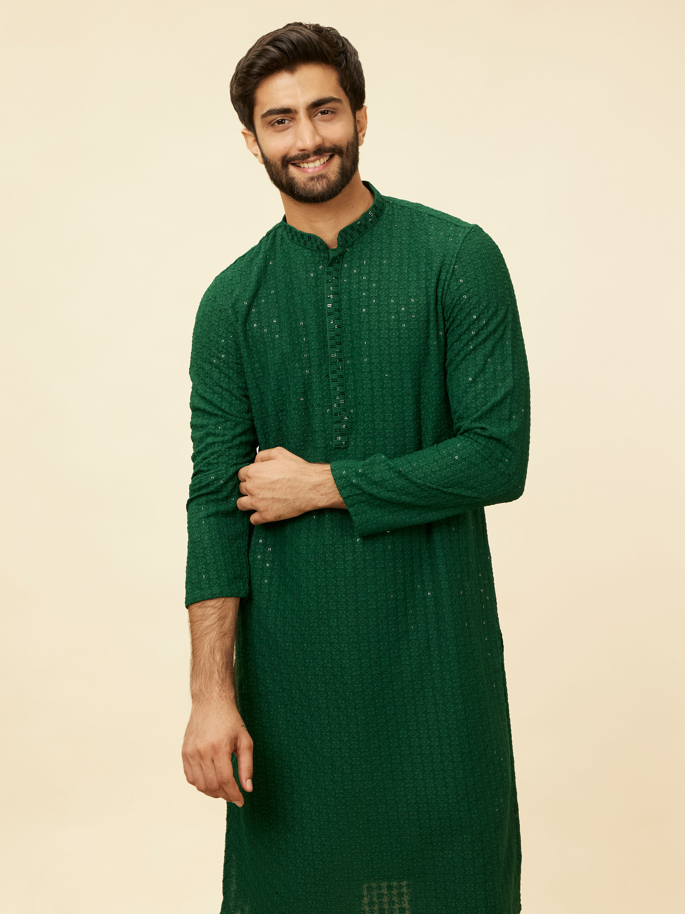 Manyavar Men Hunter Green Chikankari Sequinned Kurta Set