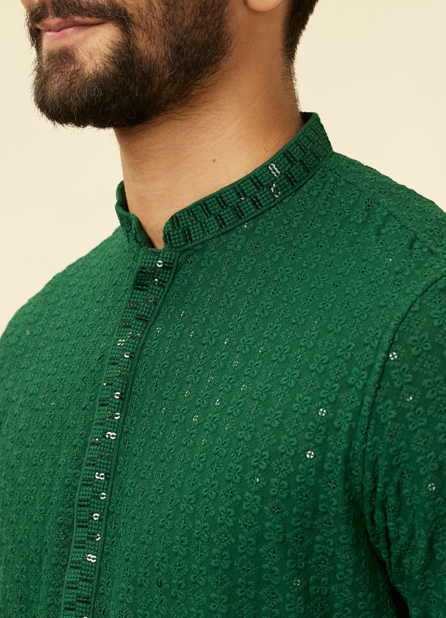 Manyavar Men Hunter Green Chikankari Sequinned Kurta Set