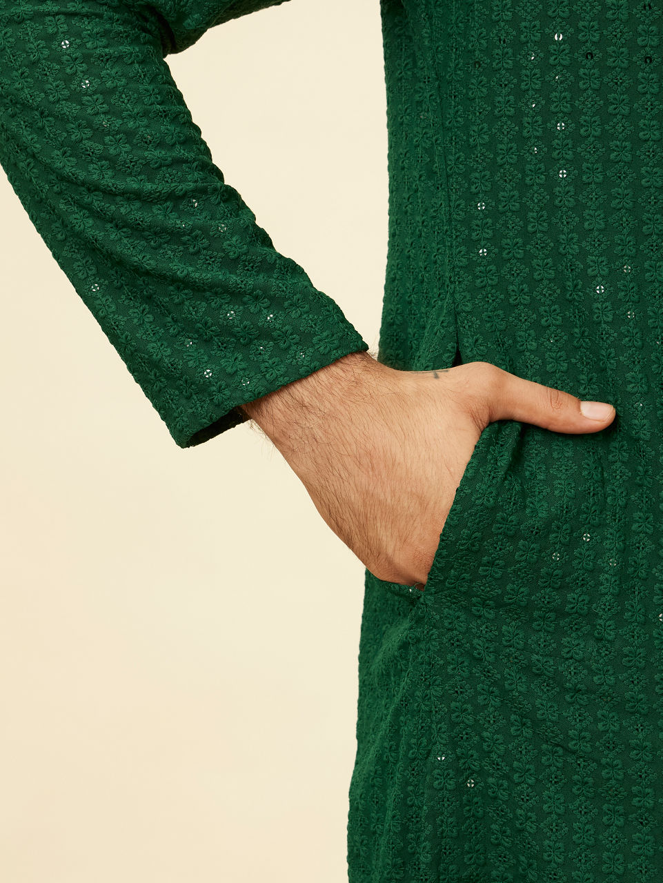 Manyavar Men Hunter Green Chikankari Sequinned Kurta Set