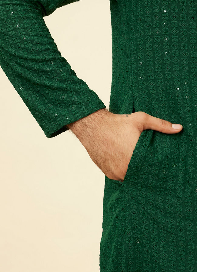 Manyavar Men Hunter Green Chikankari Sequinned Kurta Set