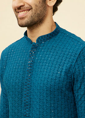 alt message - Manyavar Men Teal Blue Chikankari Embroidered Sequined Kurta Set image number 1