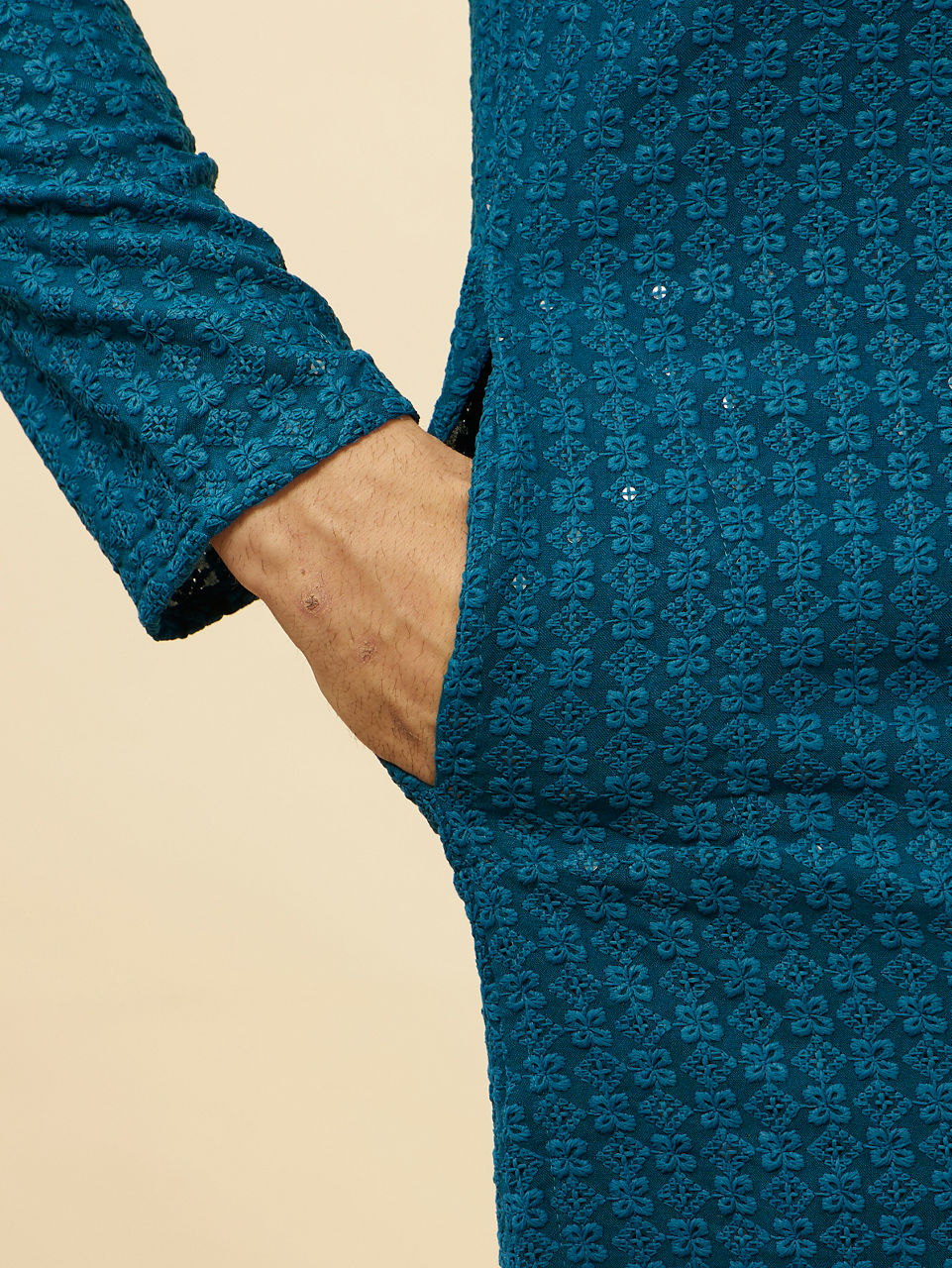 Manyavar Men Teal Blue Chikankari Embroidered Sequined Kurta Set