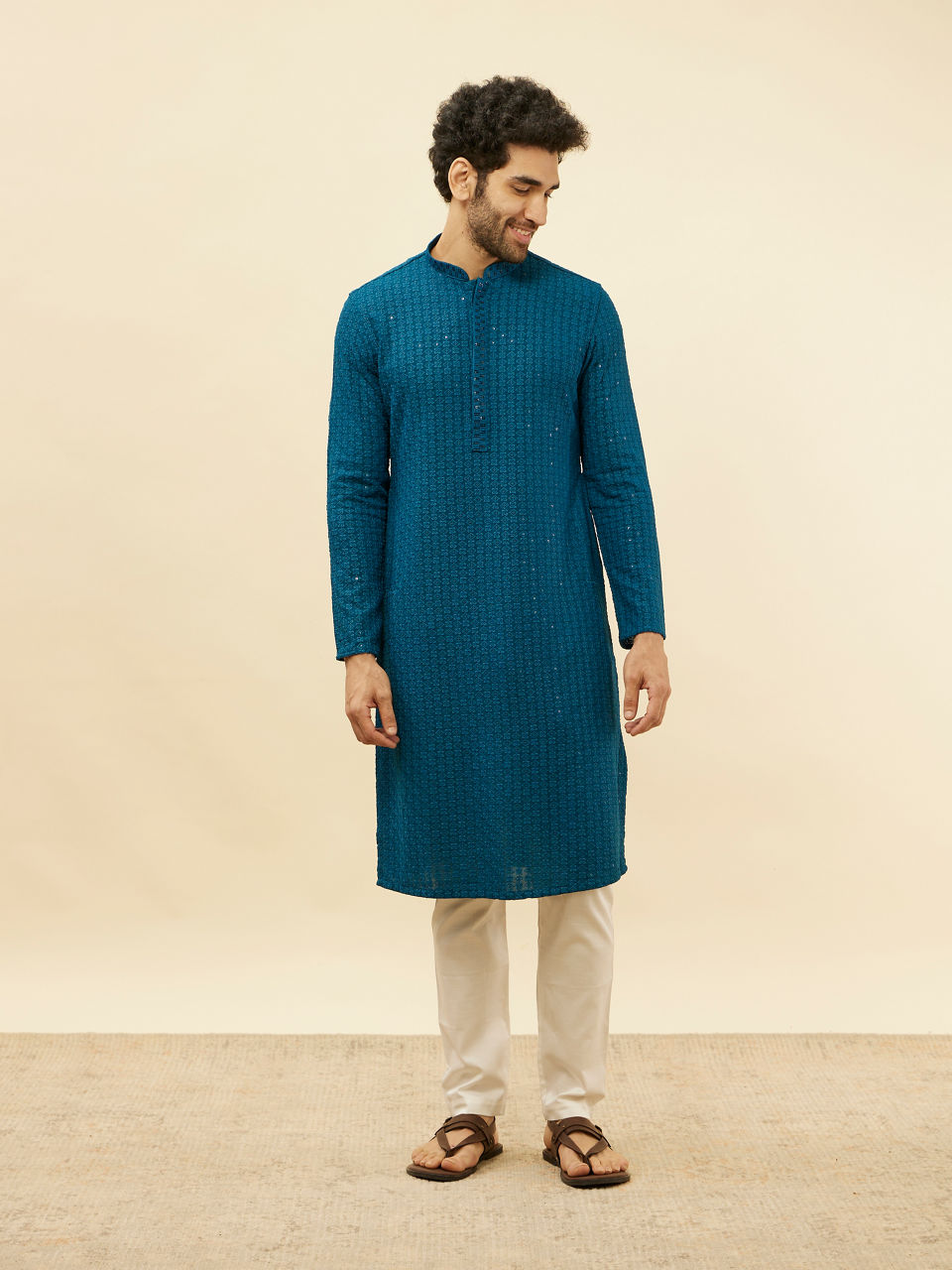 Manyavar Men Teal Blue Chikankari Embroidered Sequined Kurta Set