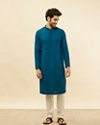 Manyavar Men Teal Blue Chikankari Embroidered Sequined Kurta Set