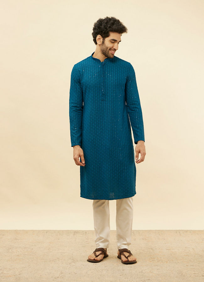 Manyavar Men Teal Blue Chikankari Embroidered Sequined Kurta Set