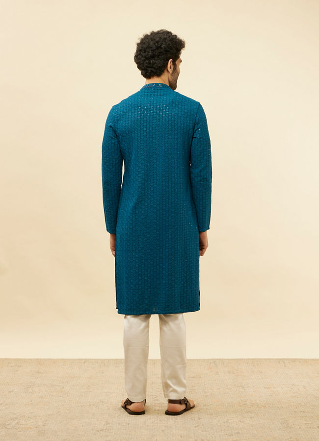 Manyavar Men Teal Blue Chikankari Embroidered Sequined Kurta Set