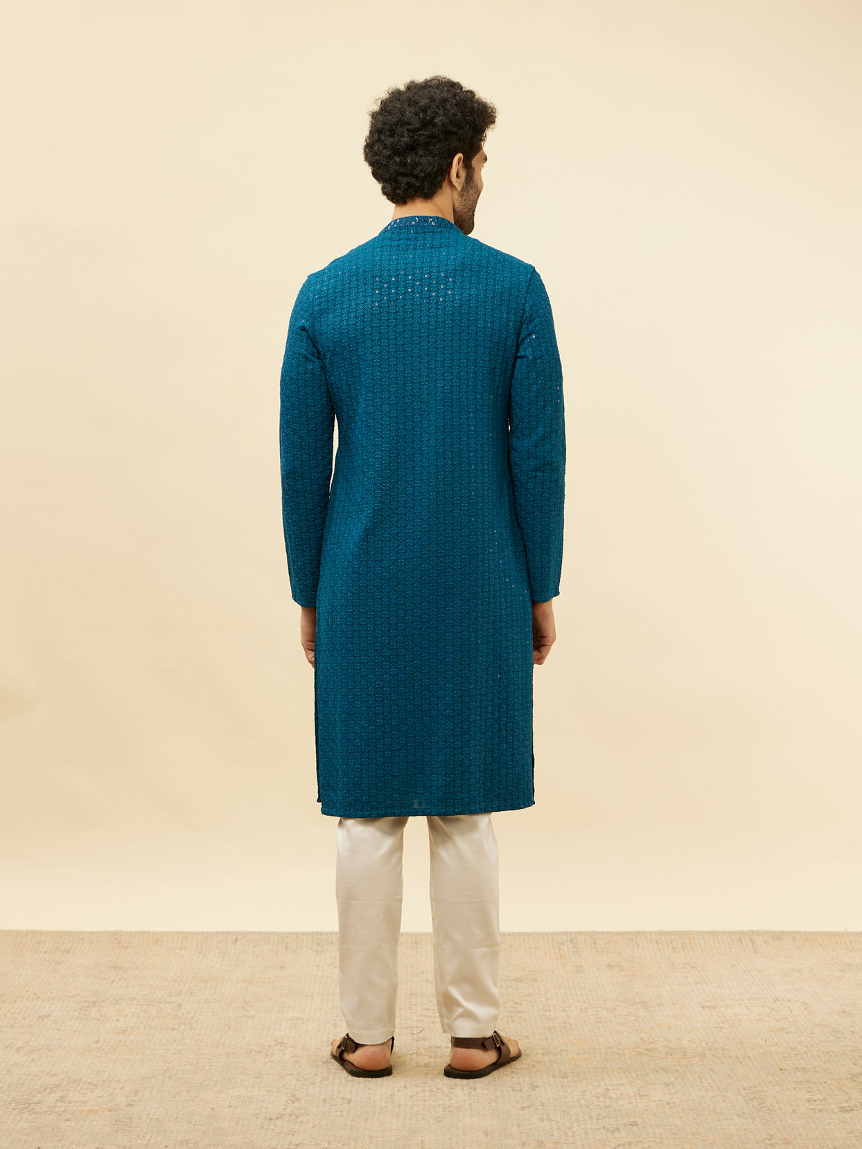 Manyavar Men Teal Blue Chikankari Embroidered Sequined Kurta Set