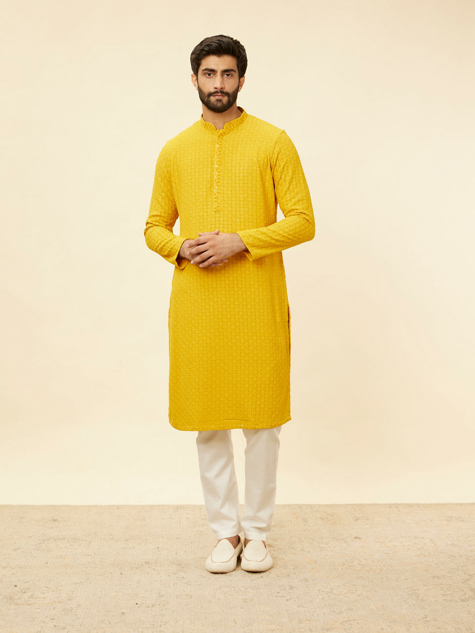 Manyavar Men Mustard Yellow Chikankari Sequinned Kurta Set