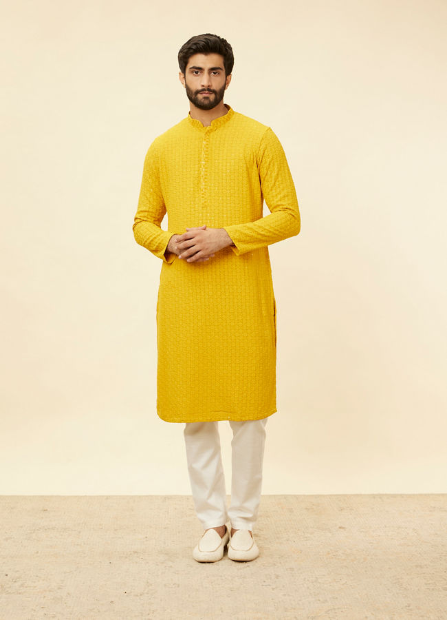 alt message - Manyavar Men Mustard Yellow Chikankari Sequinned Kurta Set image number 2