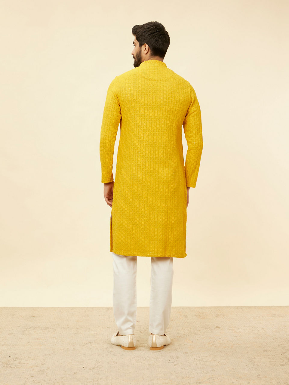 Manyavar Men Mustard Yellow Chikankari Sequinned Kurta Set