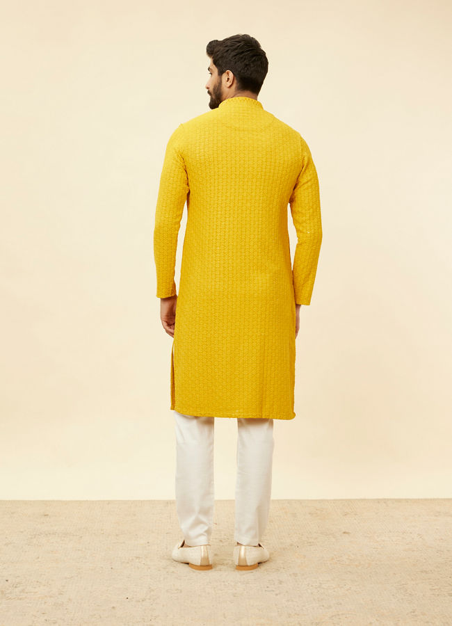 alt message - Manyavar Men Mustard Yellow Chikankari Sequinned Kurta Set image number 5