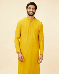 Manyavar Men Mustard Yellow Chikankari Sequinned Kurta Set