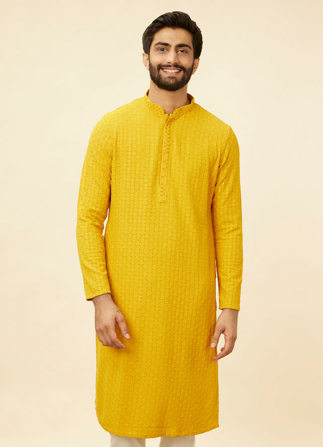 alt message - Manyavar Men Mustard Yellow Chikankari Sequinned Kurta Set image number 0