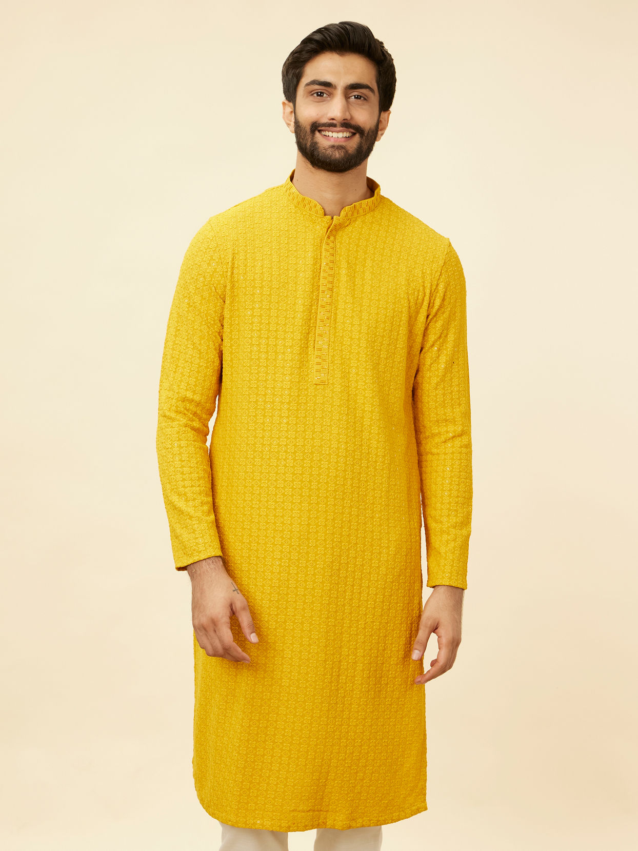 alt message - Manyavar Men Mustard Yellow Chikankari Sequinned Kurta Set image number 0