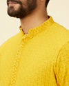 alt message - Manyavar Men Mustard Yellow Chikankari Sequinned Kurta Set image number 1