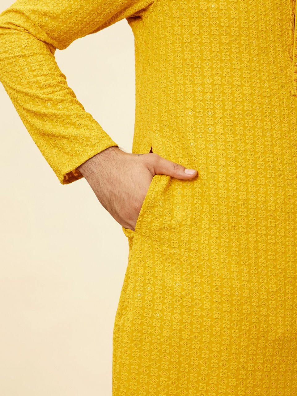 Manyavar Men Mustard Yellow Chikankari Sequinned Kurta Set