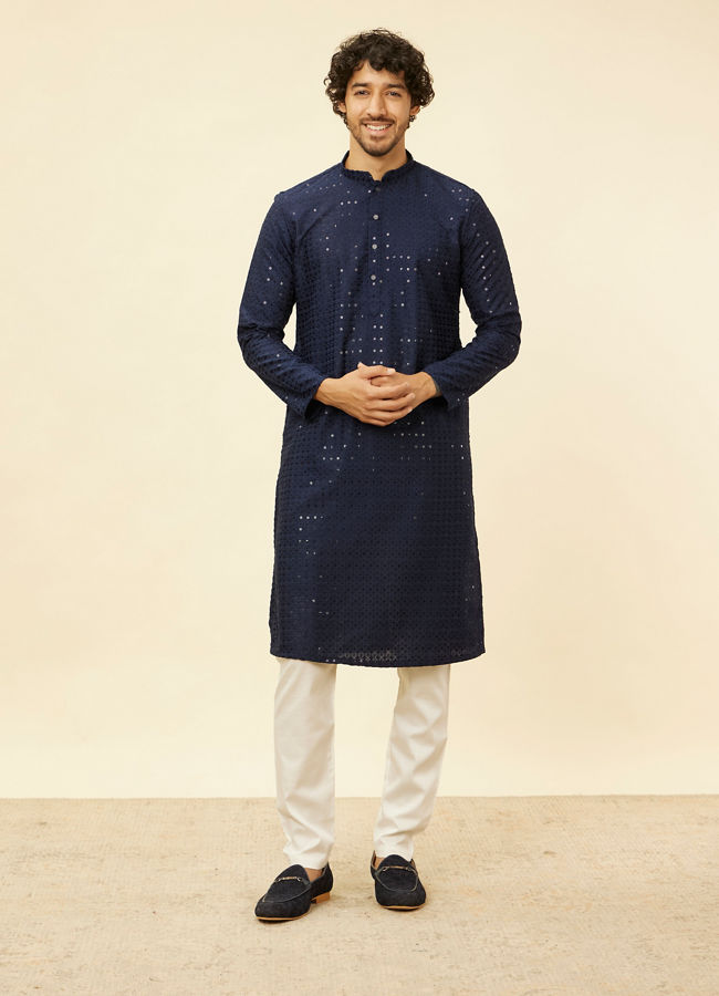 alt message - Manyavar Men Sapphire Blue Chikankari Sequinned Kurta Set image number 2