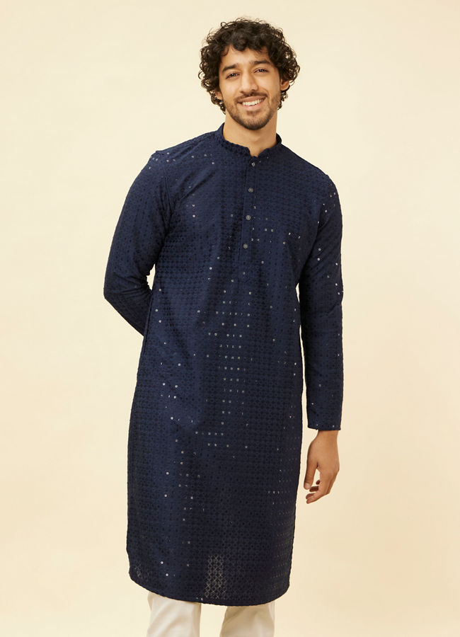 alt message - Manyavar Men Sapphire Blue Chikankari Sequinned Kurta Set image number 0