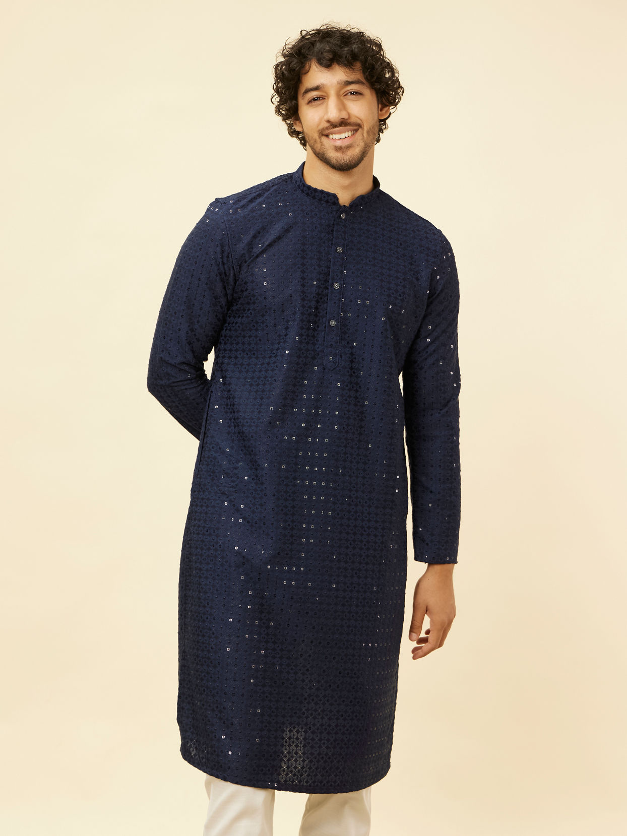 alt message - Manyavar Men Sapphire Blue Chikankari Sequinned Kurta Set image number 0