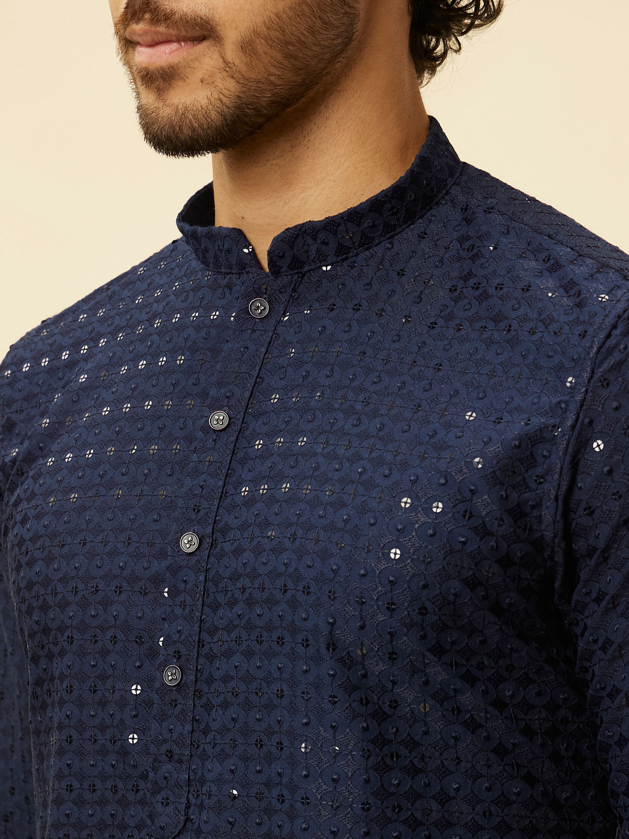 Manyavar Men Sapphire Blue Chikankari Sequinned Kurta Set