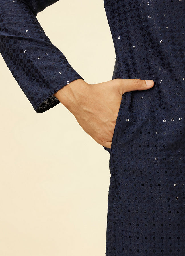 Manyavar Men Sapphire Blue Chikankari Sequinned Kurta Set